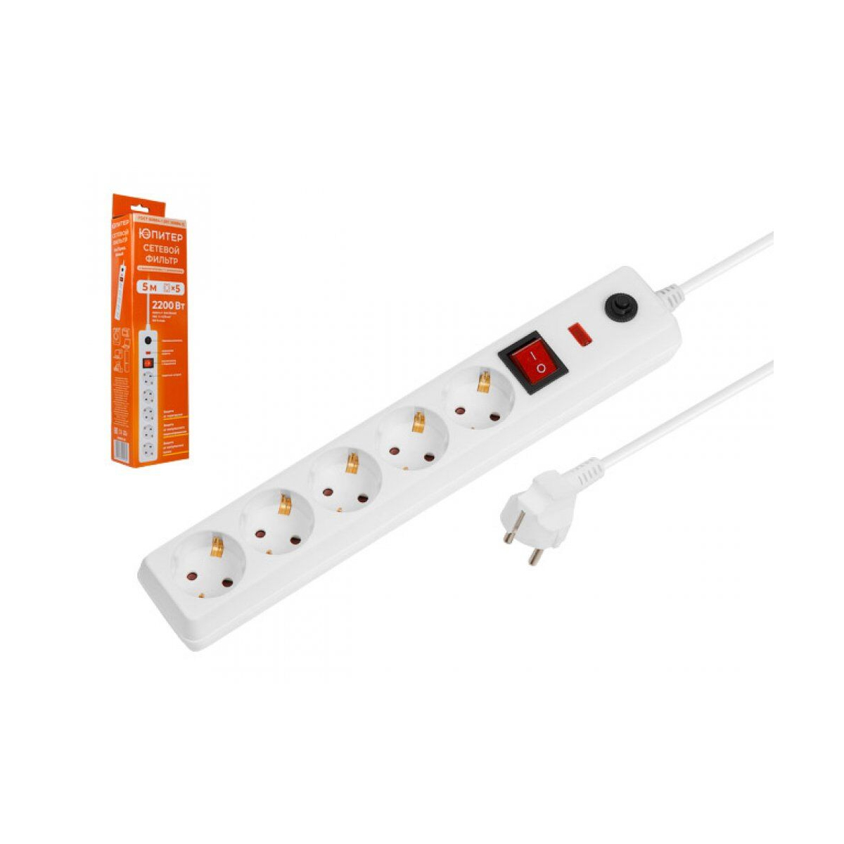 Фильтр сетевой 5м (5 роз., 2,2кВт, с/з, выкл, ПВС 3х0,75) черный Юпитер, арт.JP8501-12