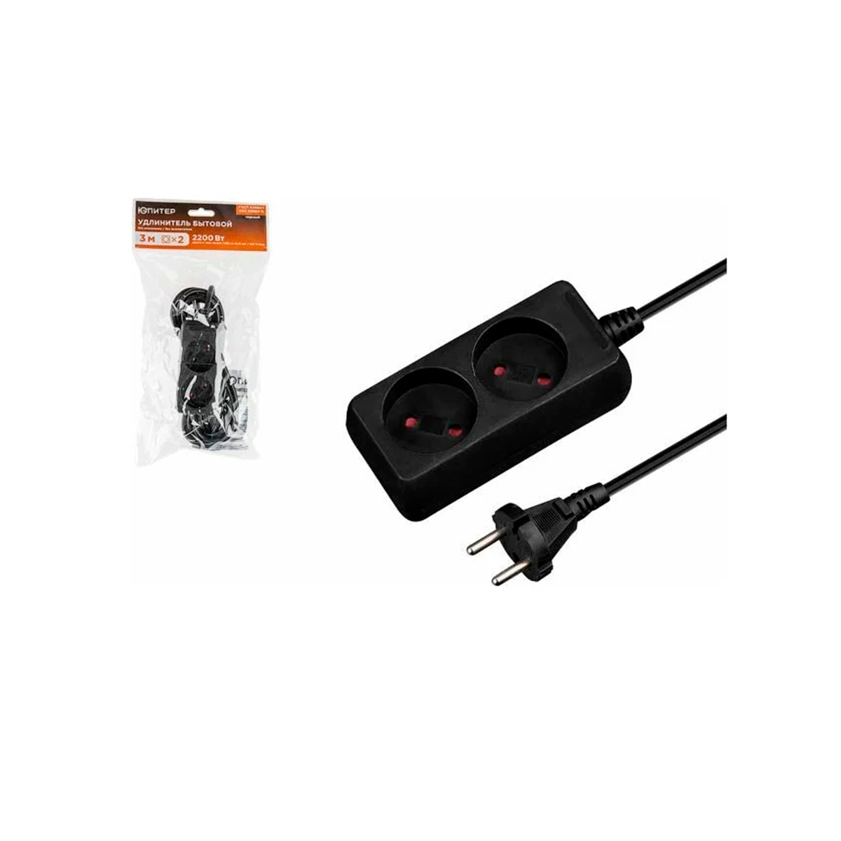 Удлинитель 3м (2 роз., 2,2кВт, б/з, ПВС 2х0,75) черный, Юпитер, арт.JP8101-29