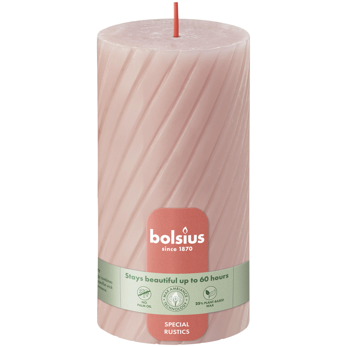 Свеча столбик Bolsius Rustic Twisted ribbed 13х6,8 см Misty Pink