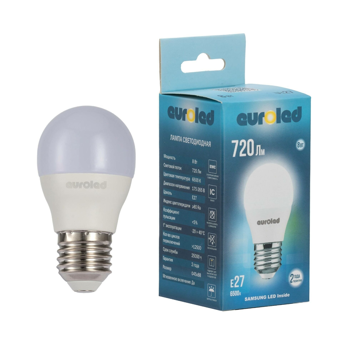 Лампа светодиодная Euroled G45 8W 6500K Е27 матовая