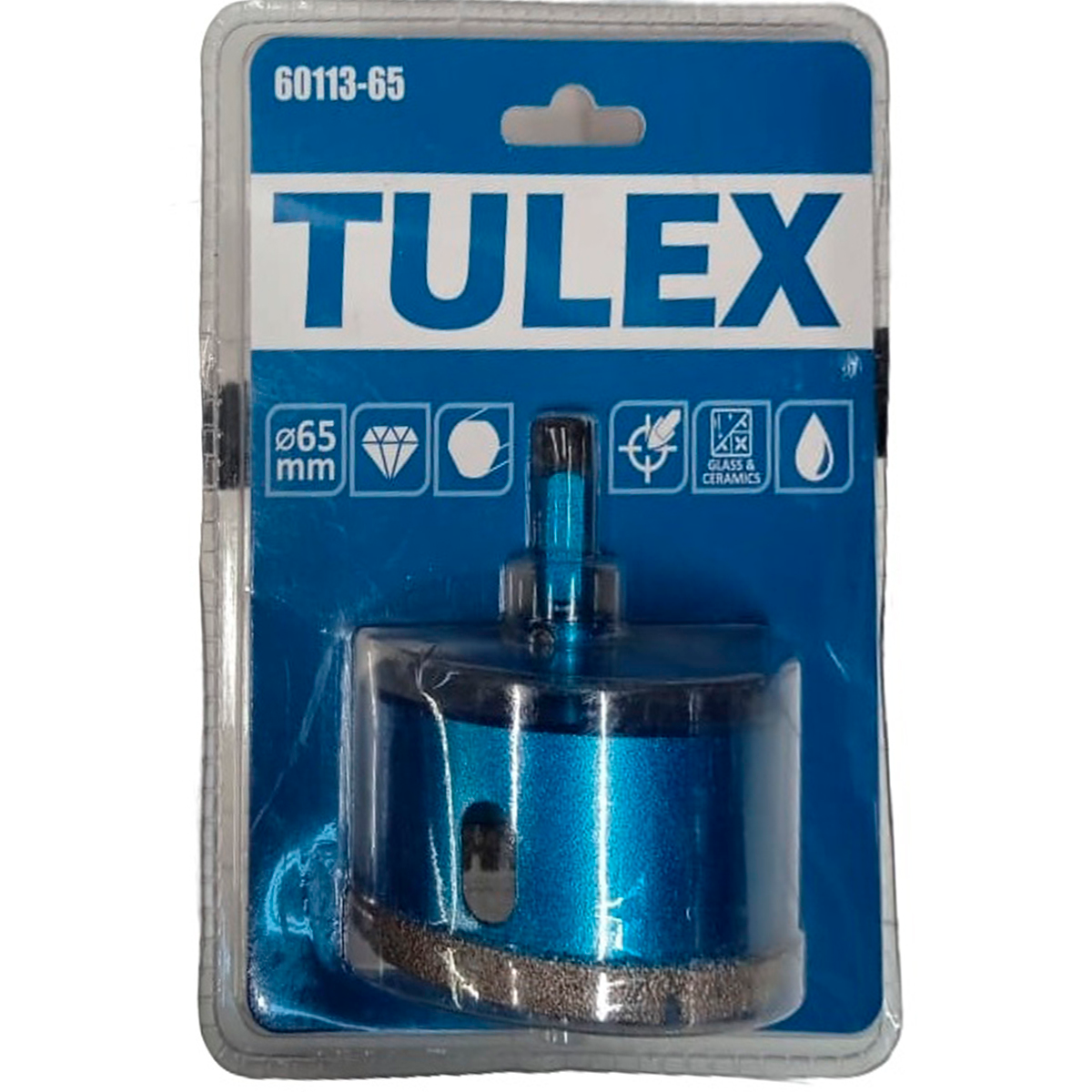 Коронка алмазная TULEX 60113-65 по стеклу и керам.плитке, центр.сверло, трехгранный хвостовик, 65мм