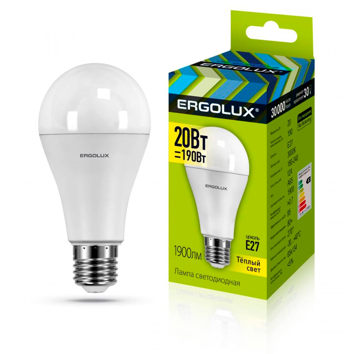 Лампа Ergolux LED-A65-20W-E27-3K (Эл.лампа светодиодная ЛОН 20Вт E27 3000K 180-240В) 13182