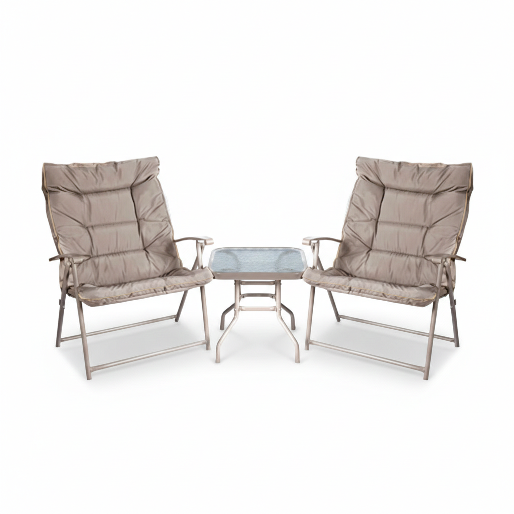 Набор садовой мебели 2 складных бежевых кресла, стеклянный столик, TX-1065 CN