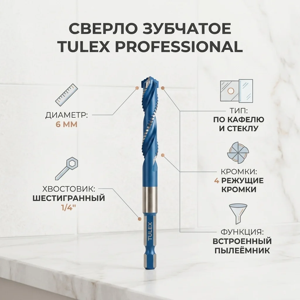 Сверло зубч.TULEX"PROFESSIONAL"6012406 по каф.и стек.,с пыл-ем,4 реж,лезв.,6-гр хв,1/4,6мм(1шт/уп)