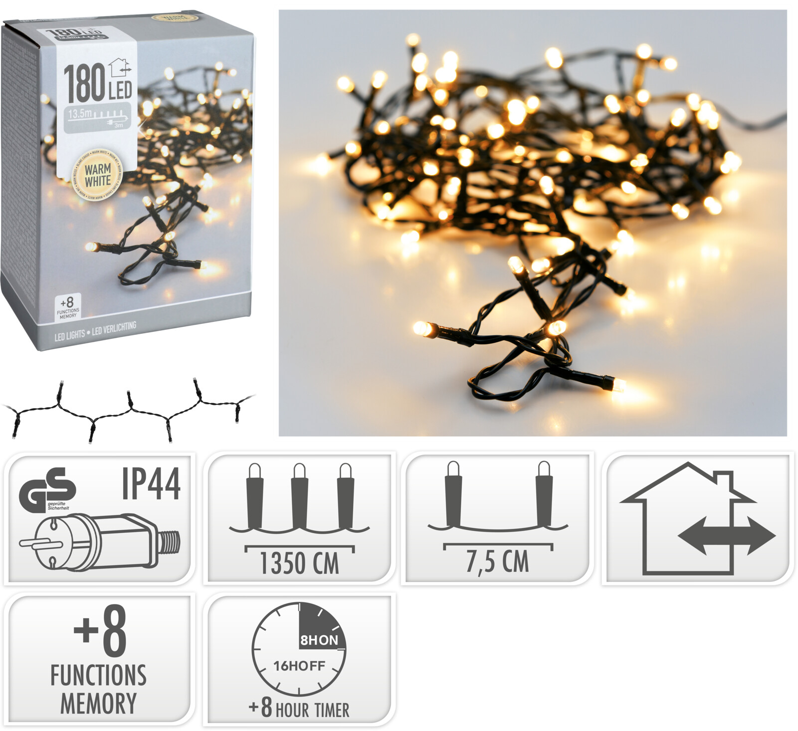 Электрогирлянда Koopman 180 LED теплый белый OUTDOOR/INDOOR AX8451130