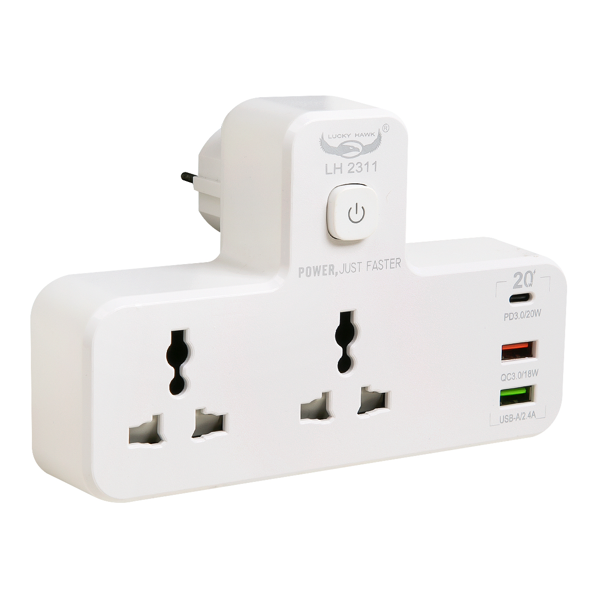 Адаптер сетевой  2311 оснащен двумя евро розетками и двумя разъёмами USB (белый)