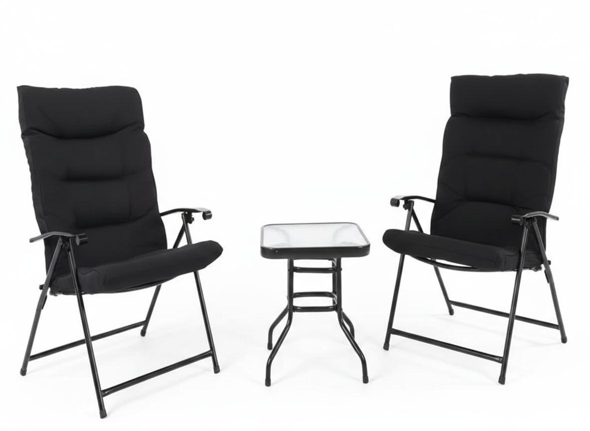 Набор садовой мебели 2 складных черных кресла, стекляный стол, TX-1065 CN