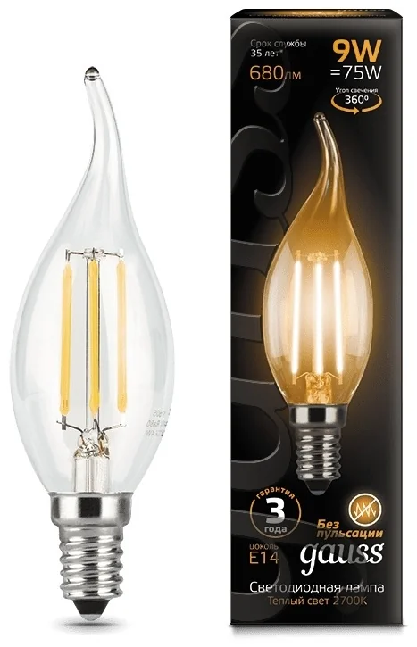 Лампа Gauss LED Filament Свеча на ветру 9W E14 680lm 2700K 104801109