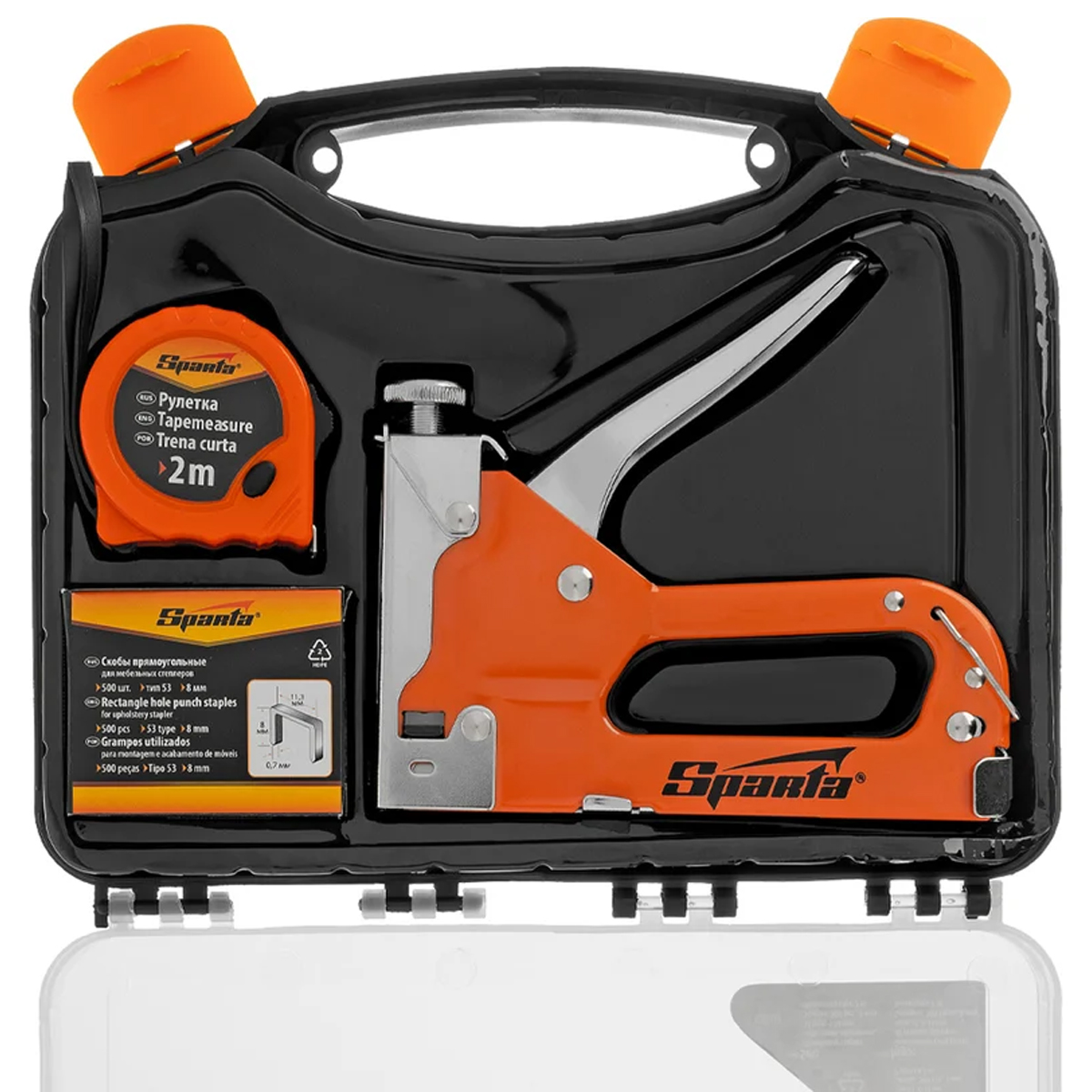 Набор: степлер мебельный регулируемый, скобы 500 шт, рулетка 2м., тип скобы 53, 6-14 мм// Sparta