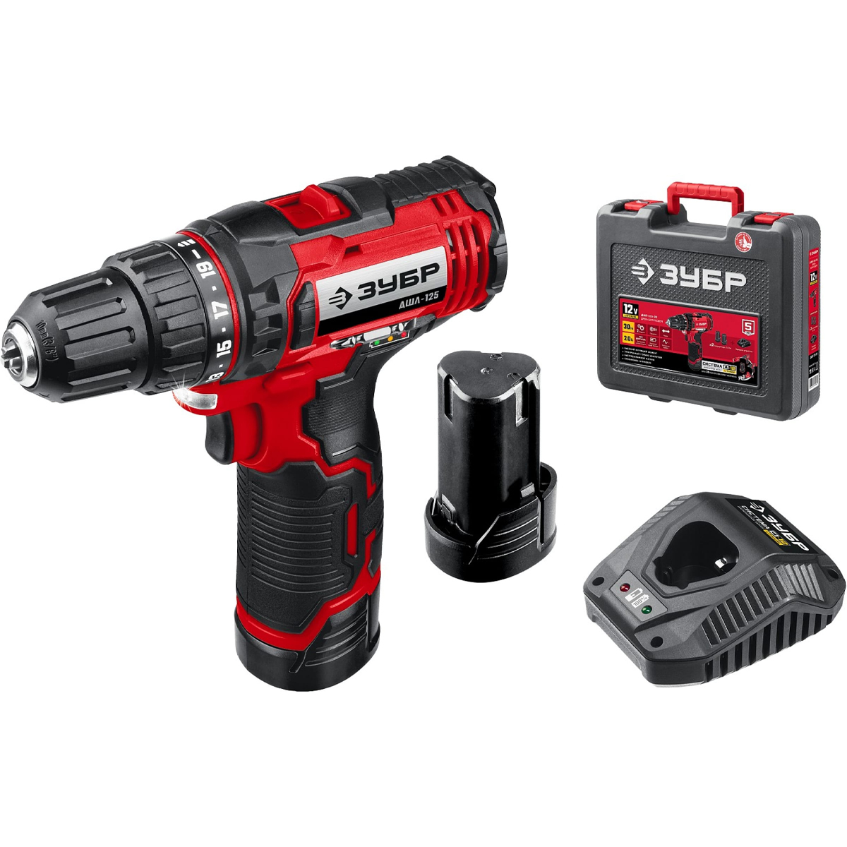 Дрель-шуруповерт ЗУБР 12В, 2 АКБ (2Ач), в кейсе, ДШЛ-125-22