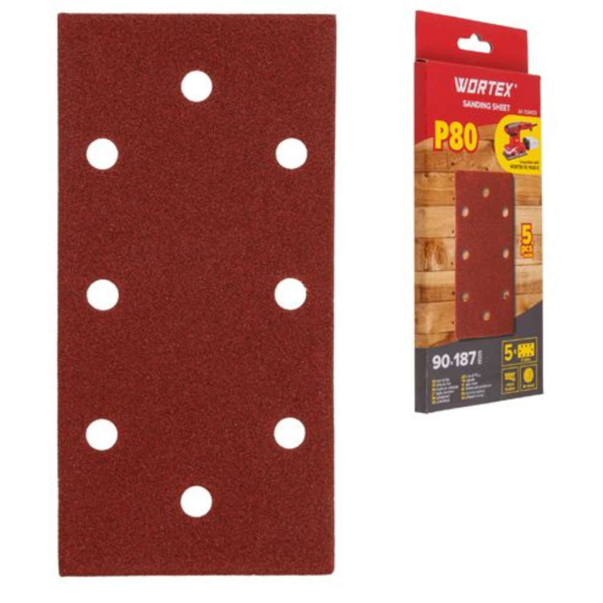 Шлифлист 90х187 мм Р80 д/дерева самосцепл. 8 отв. 5 шт. WORTEX, арт.1334433