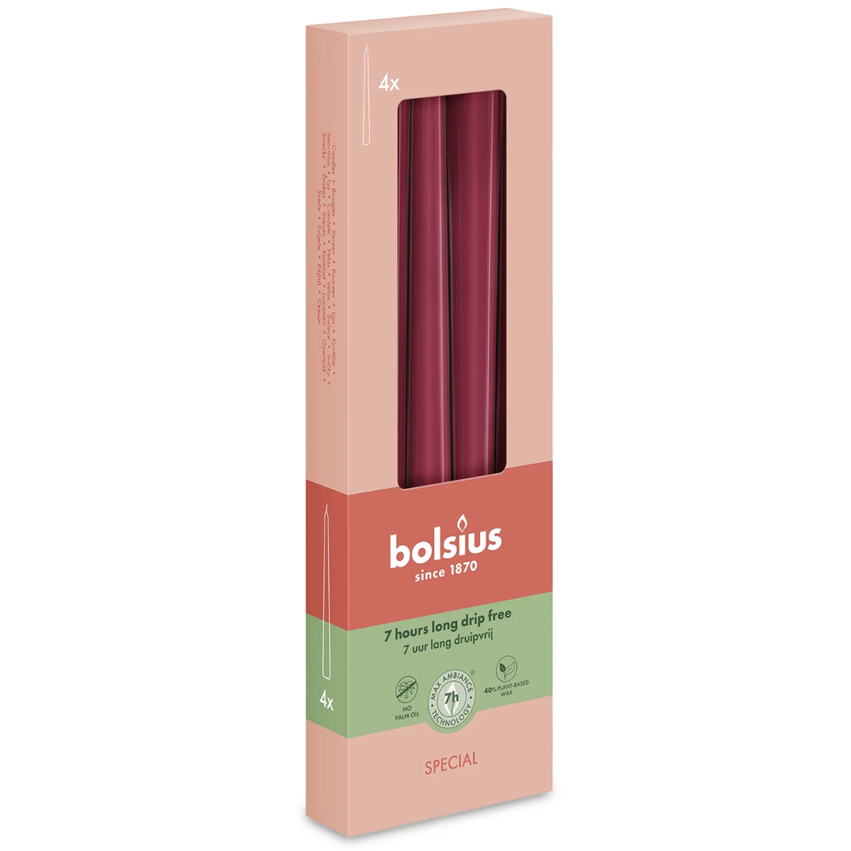 Свеча столбик Bolsius Ultra Gloss 24,5х2,4 см, 4шт Velvet Red