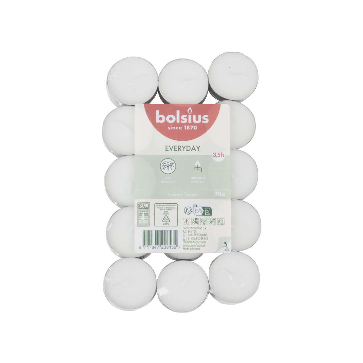 Набор чайных свечей Bolsius 30 шт, 3,5 ч. Белые
