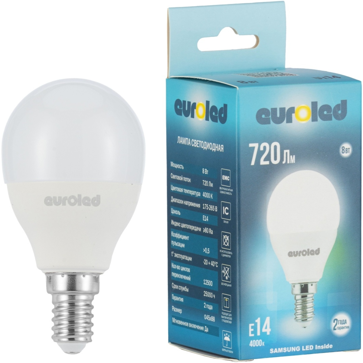 Лампа светодиодная Euroled G45 8W 4000K Е14 матовая