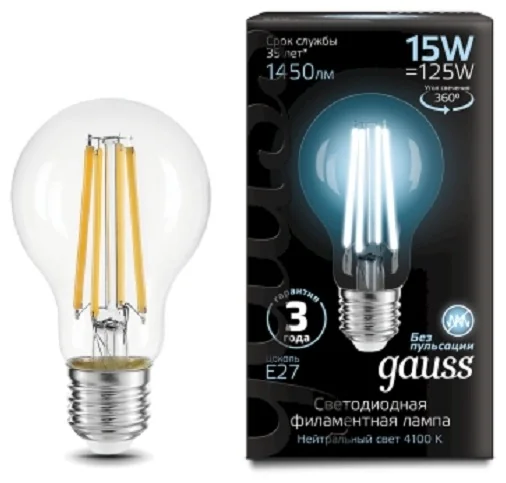 Лампа Gauss LED Filament A60 15W E27 1450 lm 4100K 102902215