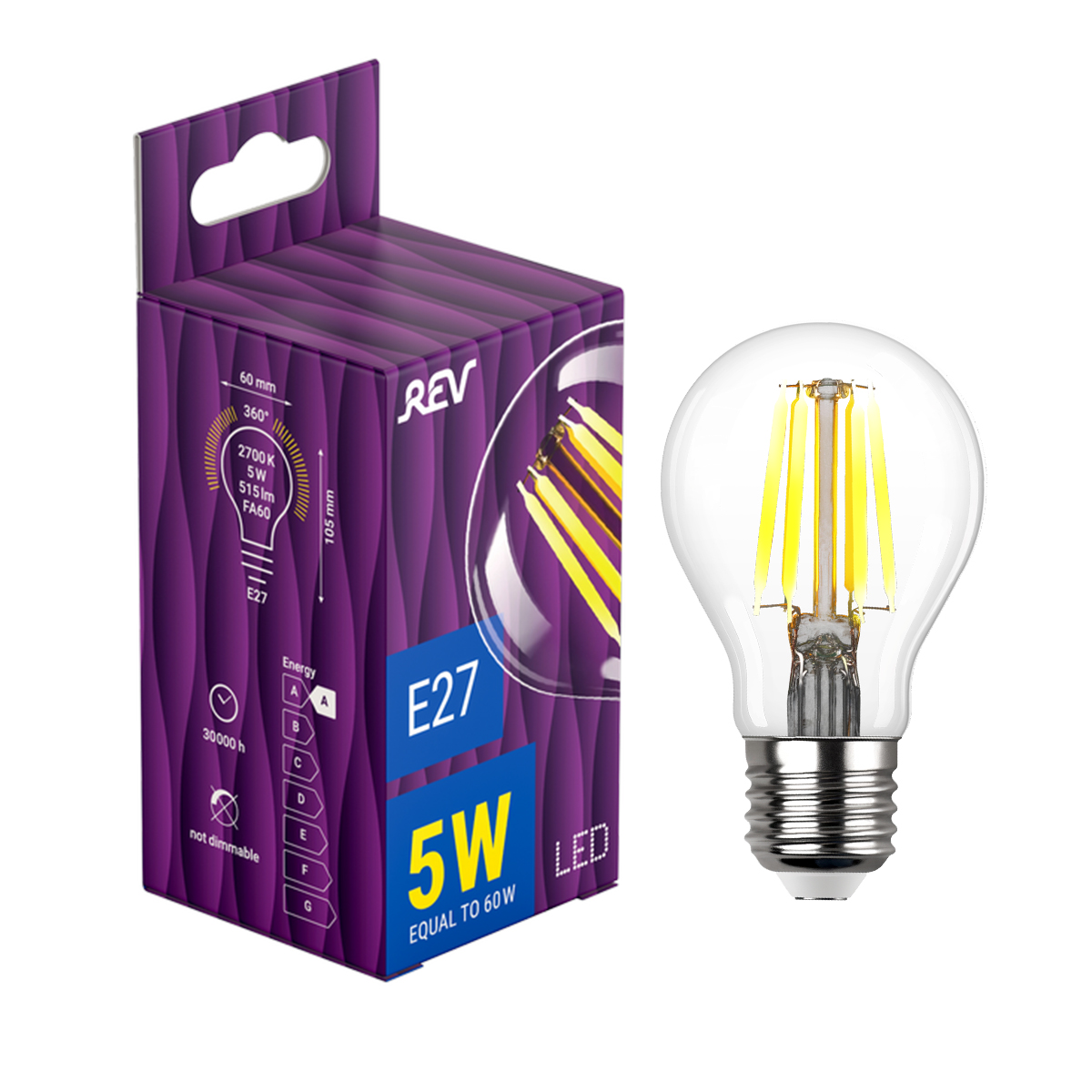 Лампа Rev FILAMENT груша A60 E27 5W, 2700K, DECO Premium, теплый свет (32422 5)