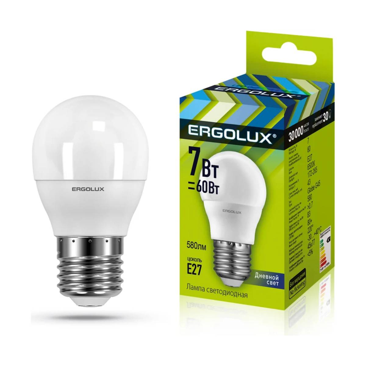 Лампа Ergolux LED-G45-7W-E27-6K (Эл.лампа светодиодная Шар 7Вт E27 6500K 172-265В) 12877