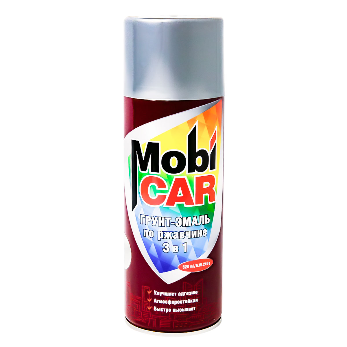 Аэрозольный грунт эмаль по ржавчине MobiCAR 3в1, 520 мл, серебро