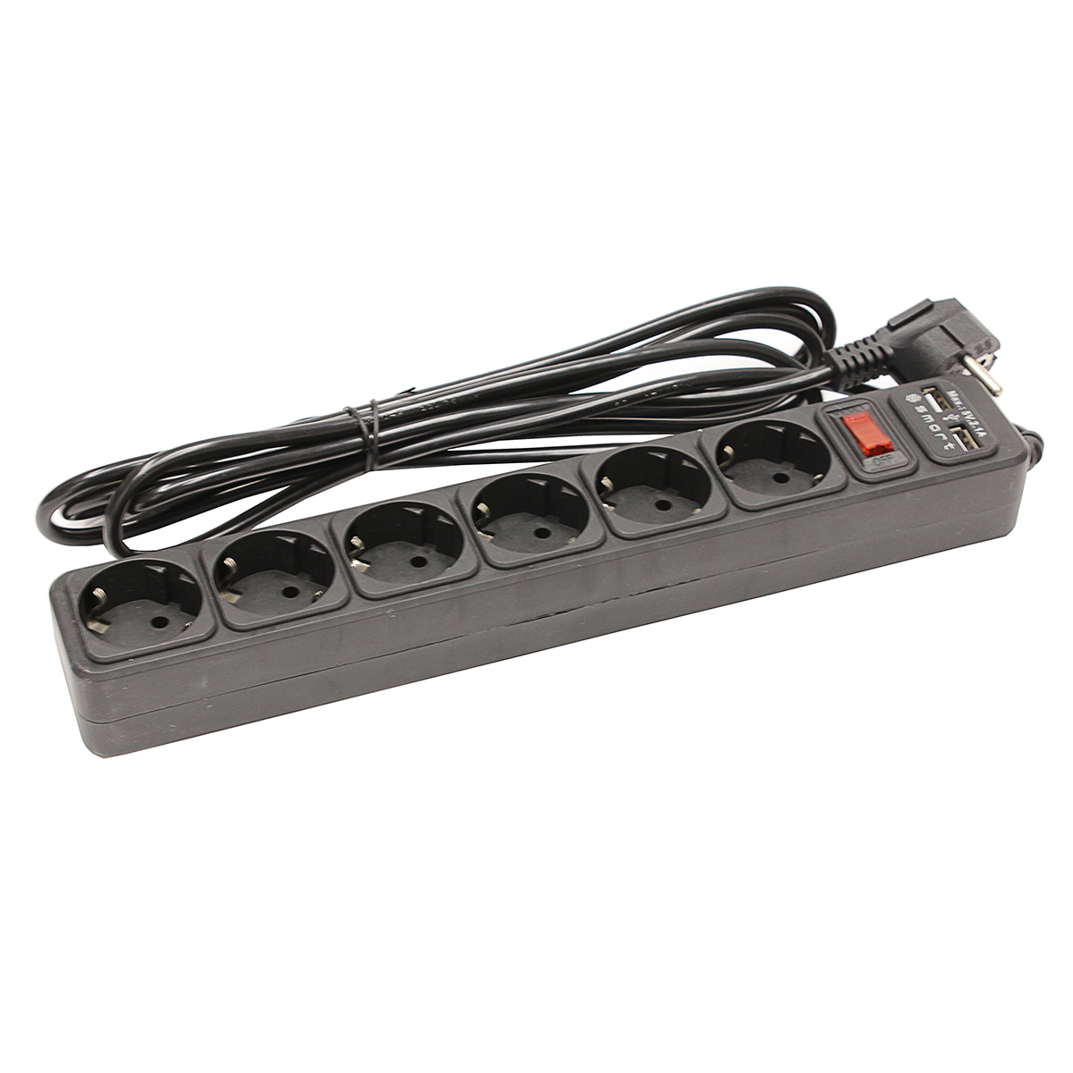 Сетевой фильтр SMART SM-06BU-3M <XH-EU06K-3M, черный, 10А, выключатель, 6роз, 3м, EU розетка, 2*USB