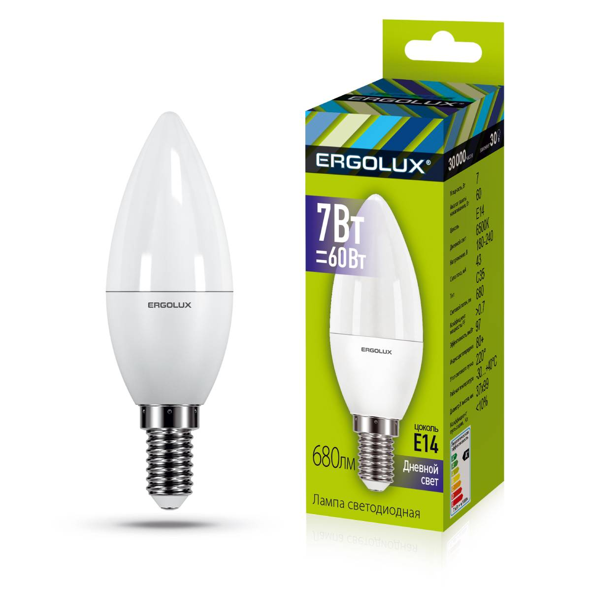 Лампа Ergolux LED-C35-7W-E14-6K (Эл.лампа светодиодная Свеча 7Вт E14 6500K 172-265В) 12874