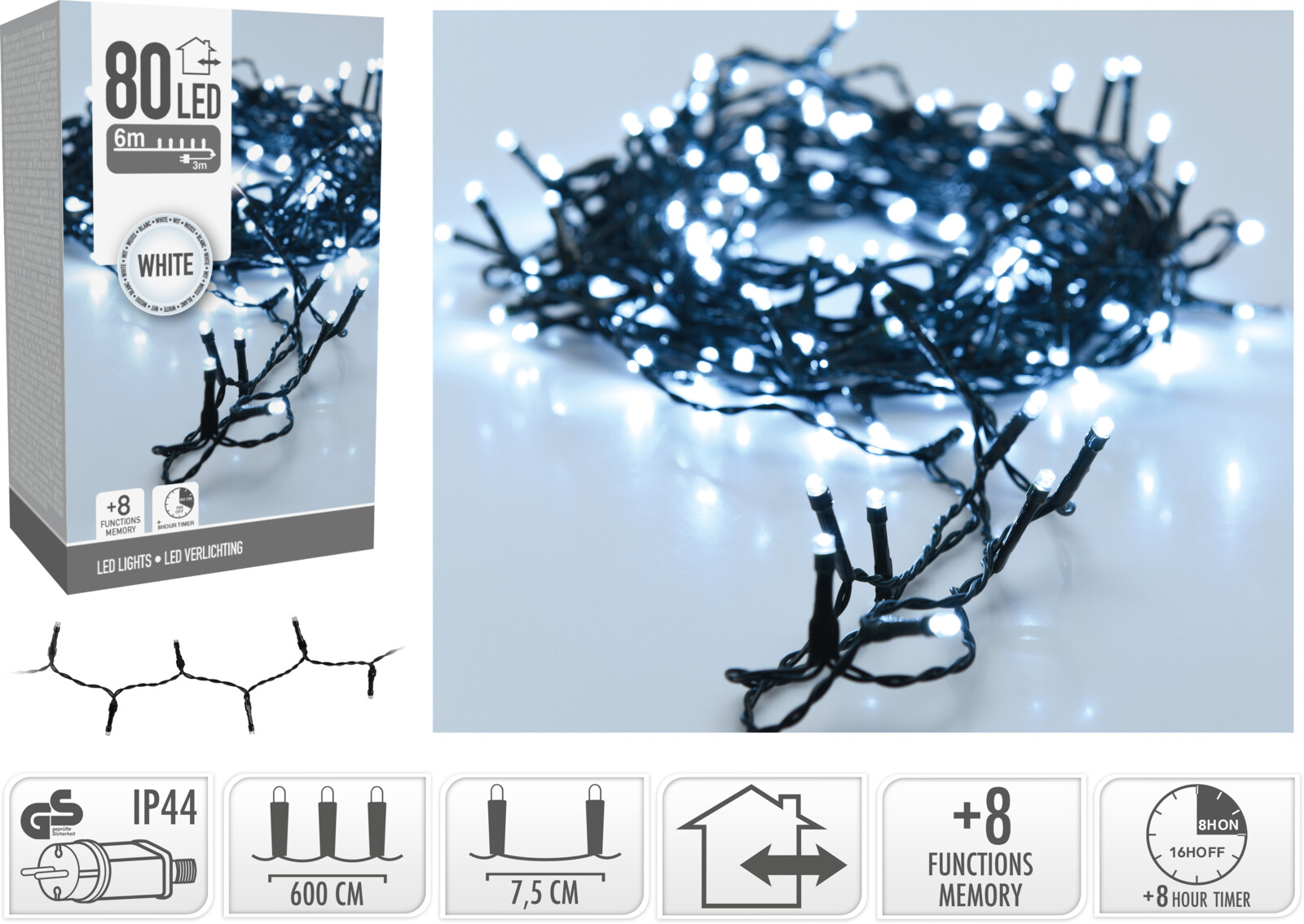 Электрогирлянда 80 LED холодный белый OUTDOOR/INDOOR AX8450110 К
