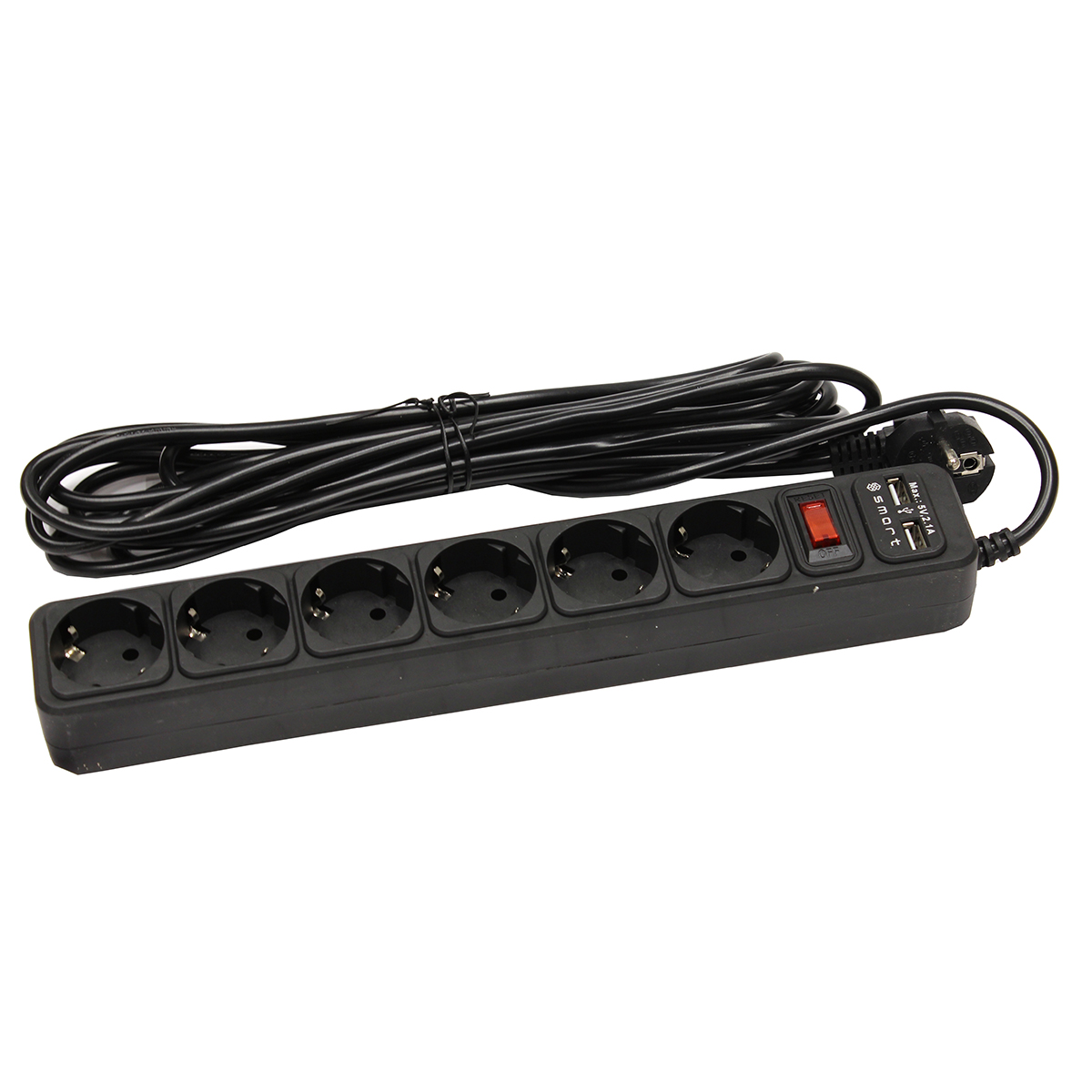 Сетевой фильтр SMART SM-06BU-5M <XH-EU06K-5M, черный, 10А, выключатель, 6роз, 5м, EU розетка, 2*USB