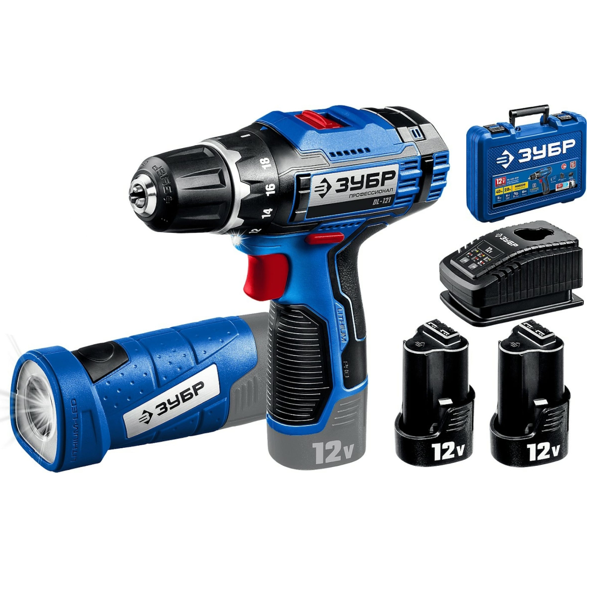 Дрель-шуруповерт ЗУБР Профессионал DL-121-22F 40 Н-м, 2 скорости 2 АКБ. 12В, 2 А-ч. Кейс, фонарь