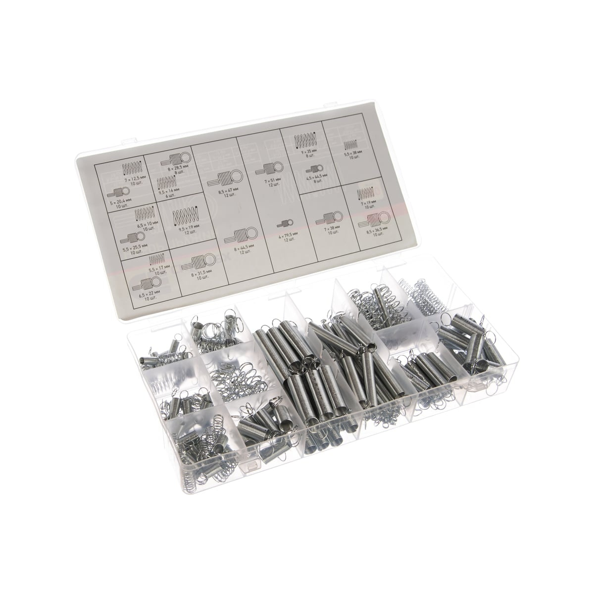 Набор пружин 5,5х17, 5,5х38, 6,5х10, 7х12,5, 7х19, 9х35, 9,5х16, 9,5х19 мм, 200 предм.// Сибртех