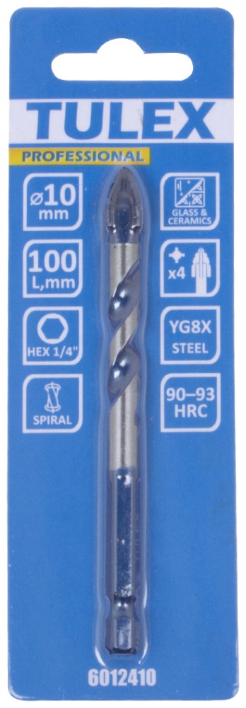 Сверло зубч.TULEX"PROFESSIONAL"6012410 по каф.и стек.,с пыл-ем,4 реж,лезв.,6-гр хв,1/4,10мм(1шт/уп)
