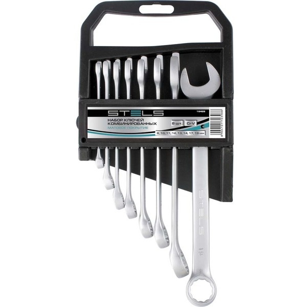 Набор ключей комбинированных, 8 - 19 мм, 8 шт., CrV, матовый хром// STELS