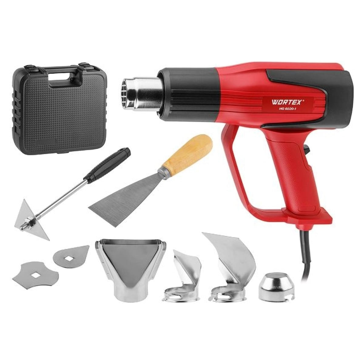 Термовоздуходувка WORTEX HG 6020-1 в чем. + набор сопл 2000 Вт, 2 скор., 350-600 °С, арт.0334327