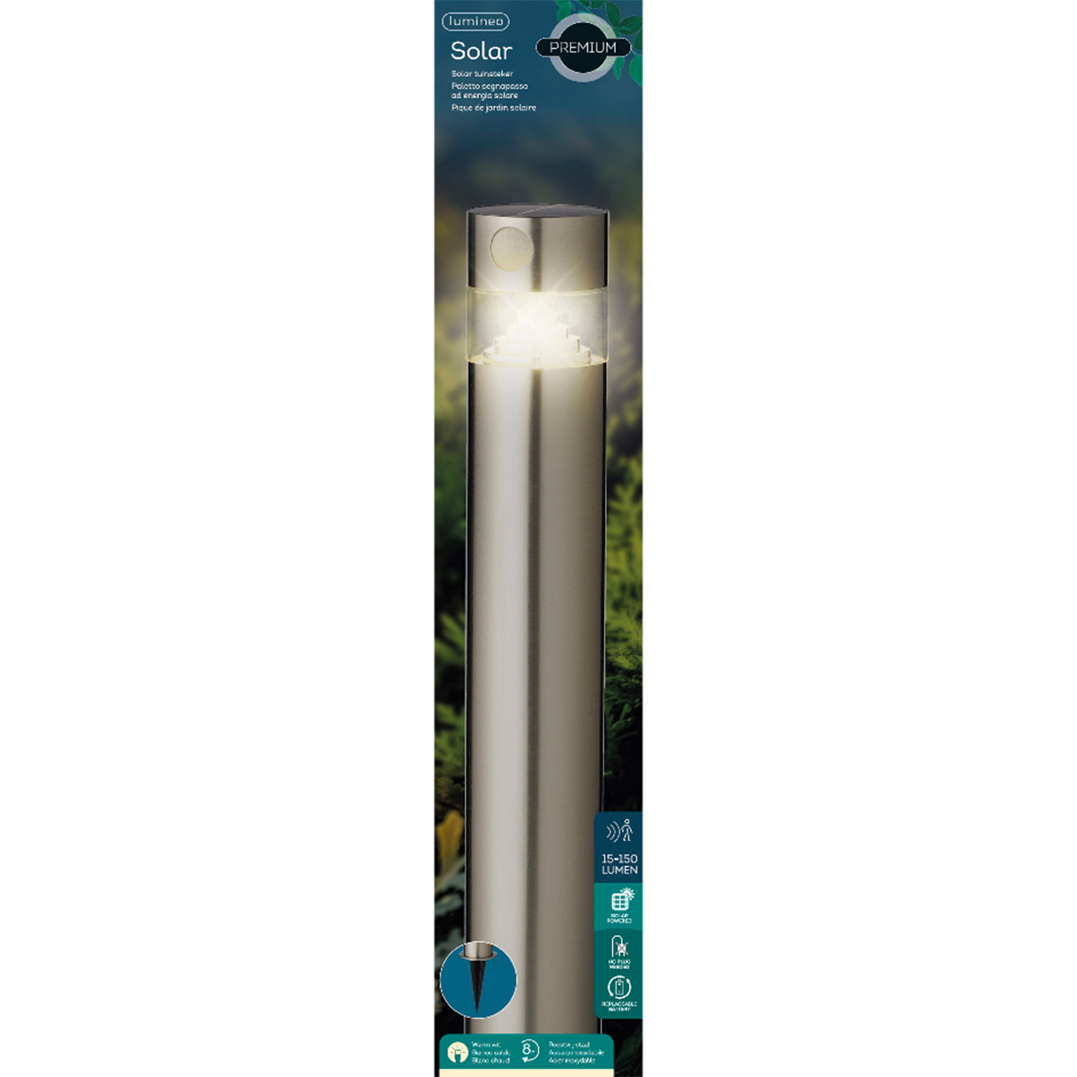 Фонарь садовый с датчиком движения,  d-9,8, h-50 см., нерж. сталь, на солн.батарее, теплый белый. 89