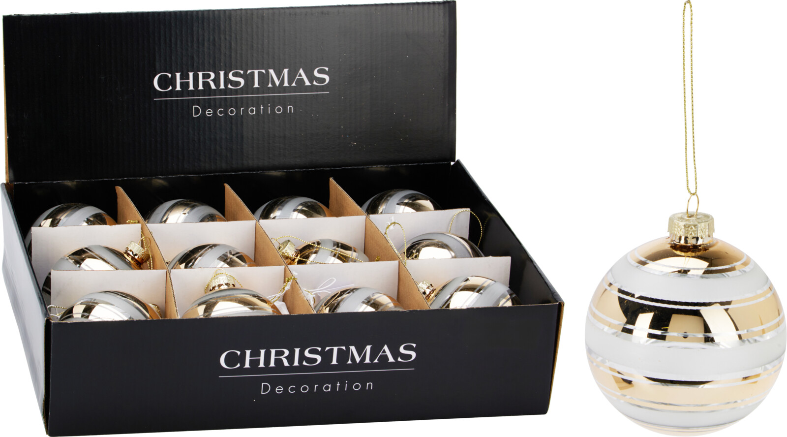 Шар елочный 8 см стеклянный, золотой/белый ABR220000 К