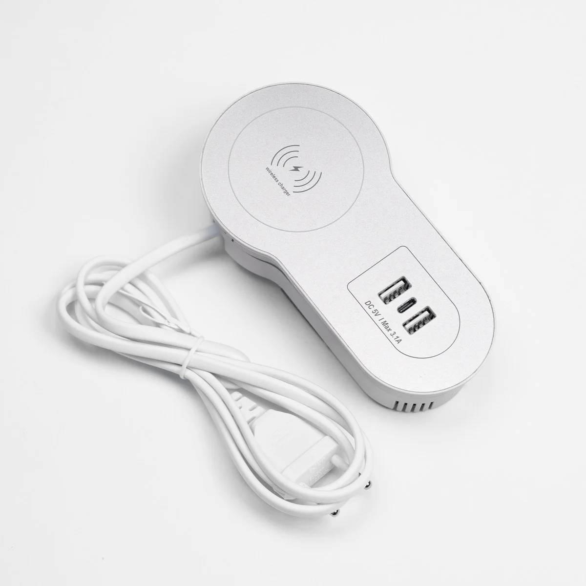 Бокс настольный встраиваемый 2 USB, 1 Type-C, беспроводная зарядка, шнур 1,5 м., серебро