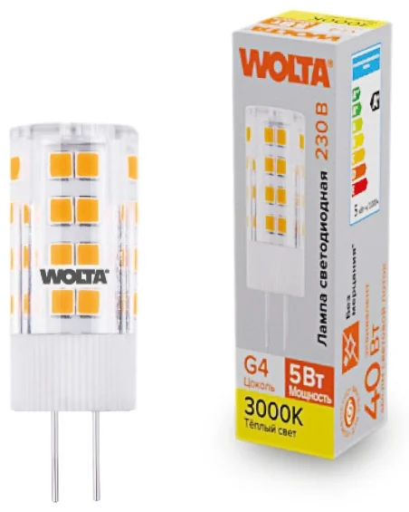Лампа светодиодная WOLTA WSTD-JC-220V5W3KG4-C (керамика) "Капсульная" JC 5Вт 460лм 3000K G4 1/10/100