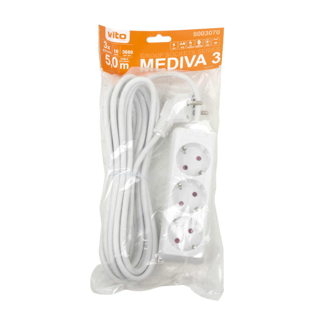 Удлинитель с/з 3 входа 5 метров MEDIVA 8003070