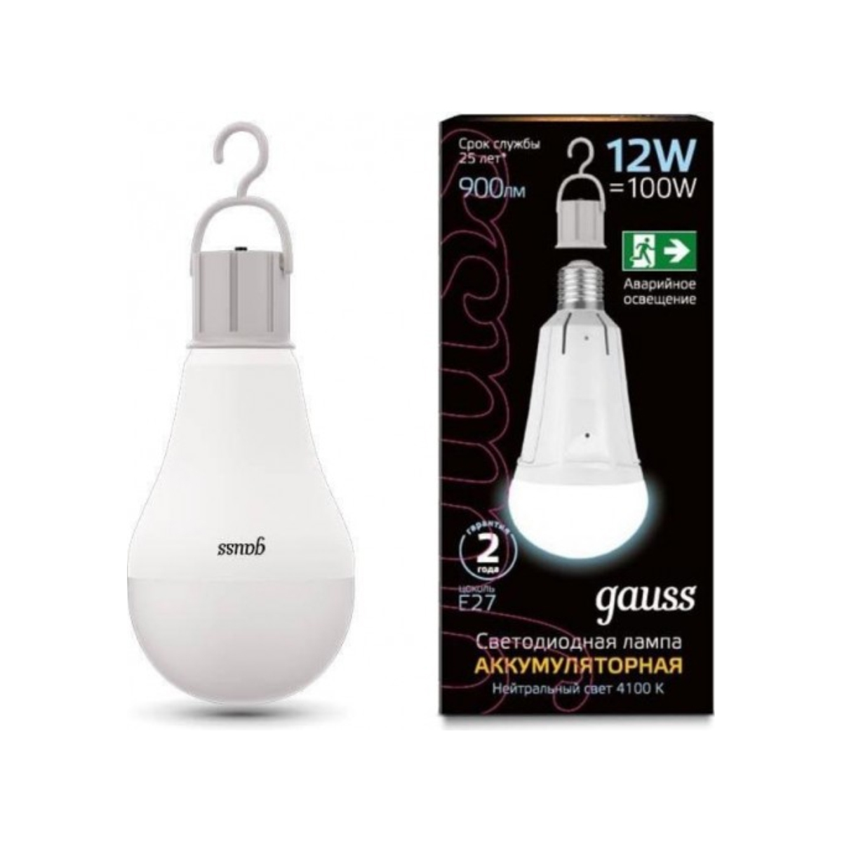 Лампа Gauss Led A80 12W 900lm 4100K Е27 авар. с Li-Ion аккумулятором 102002212