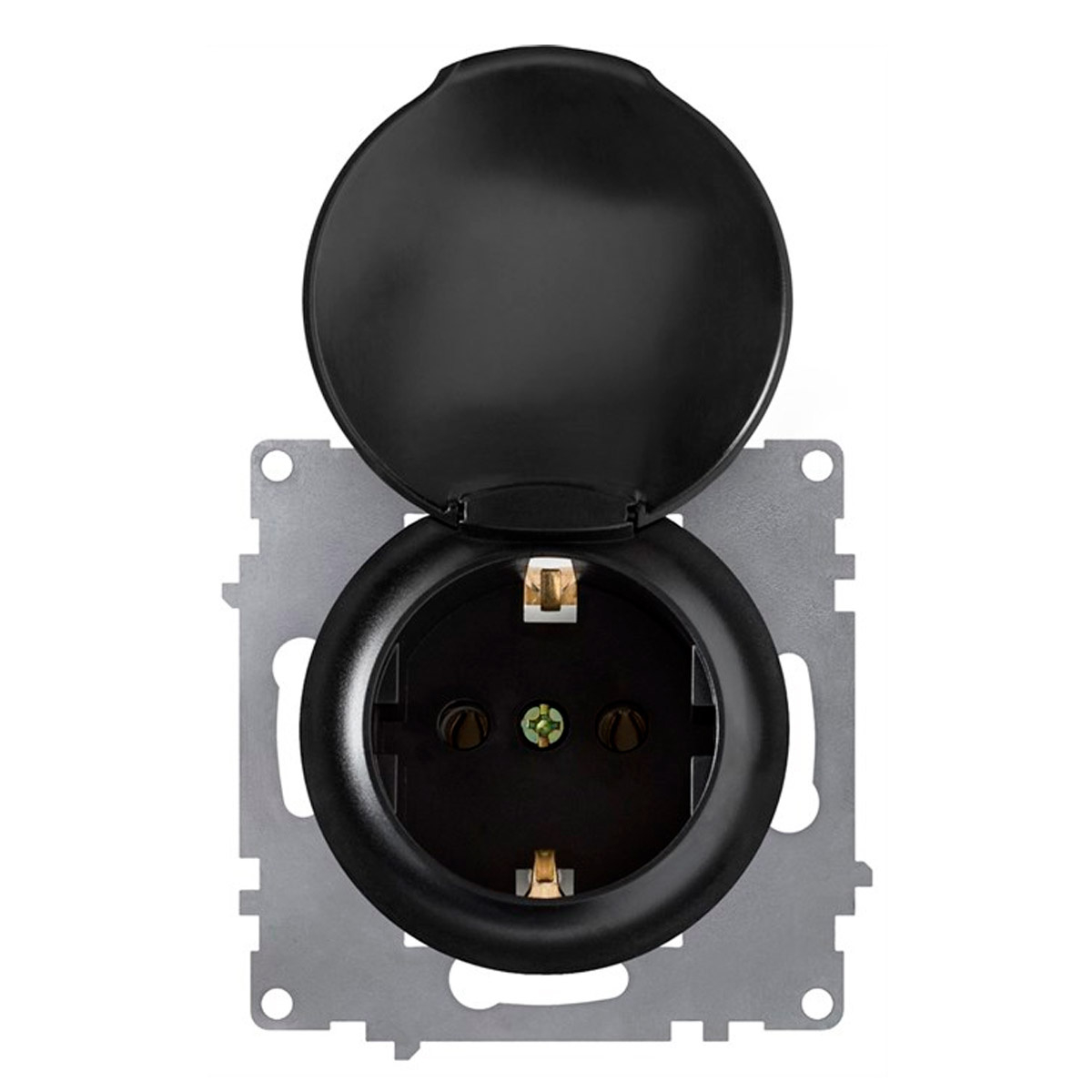 Розетка с крышкой, с заземлением, винтовые контакты, цвет чёрный (серия Florence)
