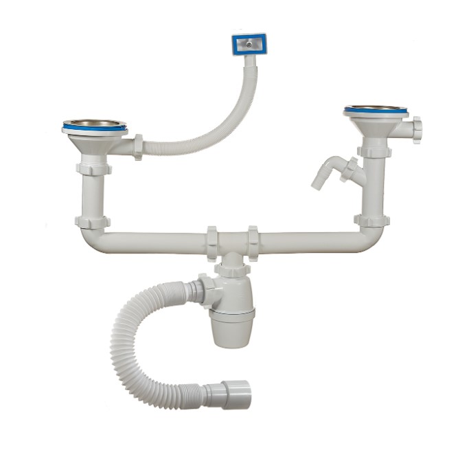 Сифон "ОРИО" А-40092,  двойной бутылочный 3 1/2 х 40, с одним отводом, с переливом и гибкой трубой 4