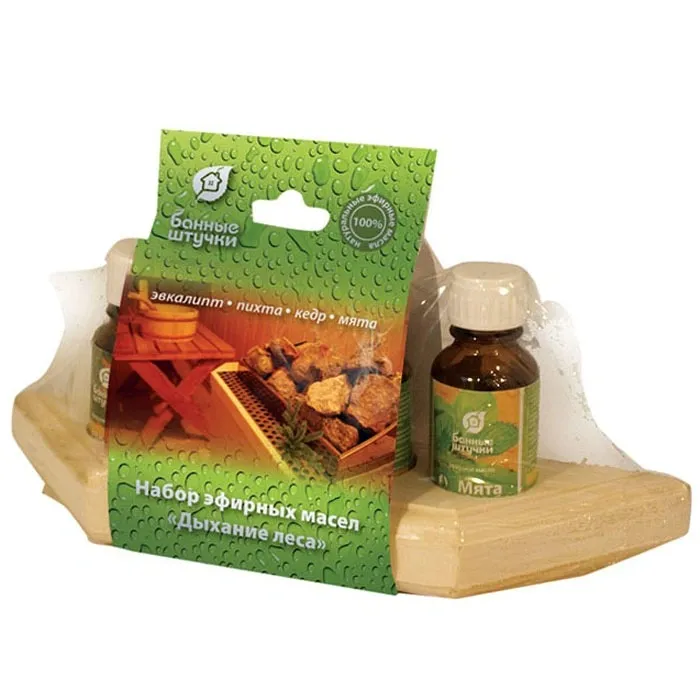Набор эфирных масел Банные штучки, Дыхание леса 4х15 мл (эвкалипт, пихта, кедр, мята) на дерев.полоч