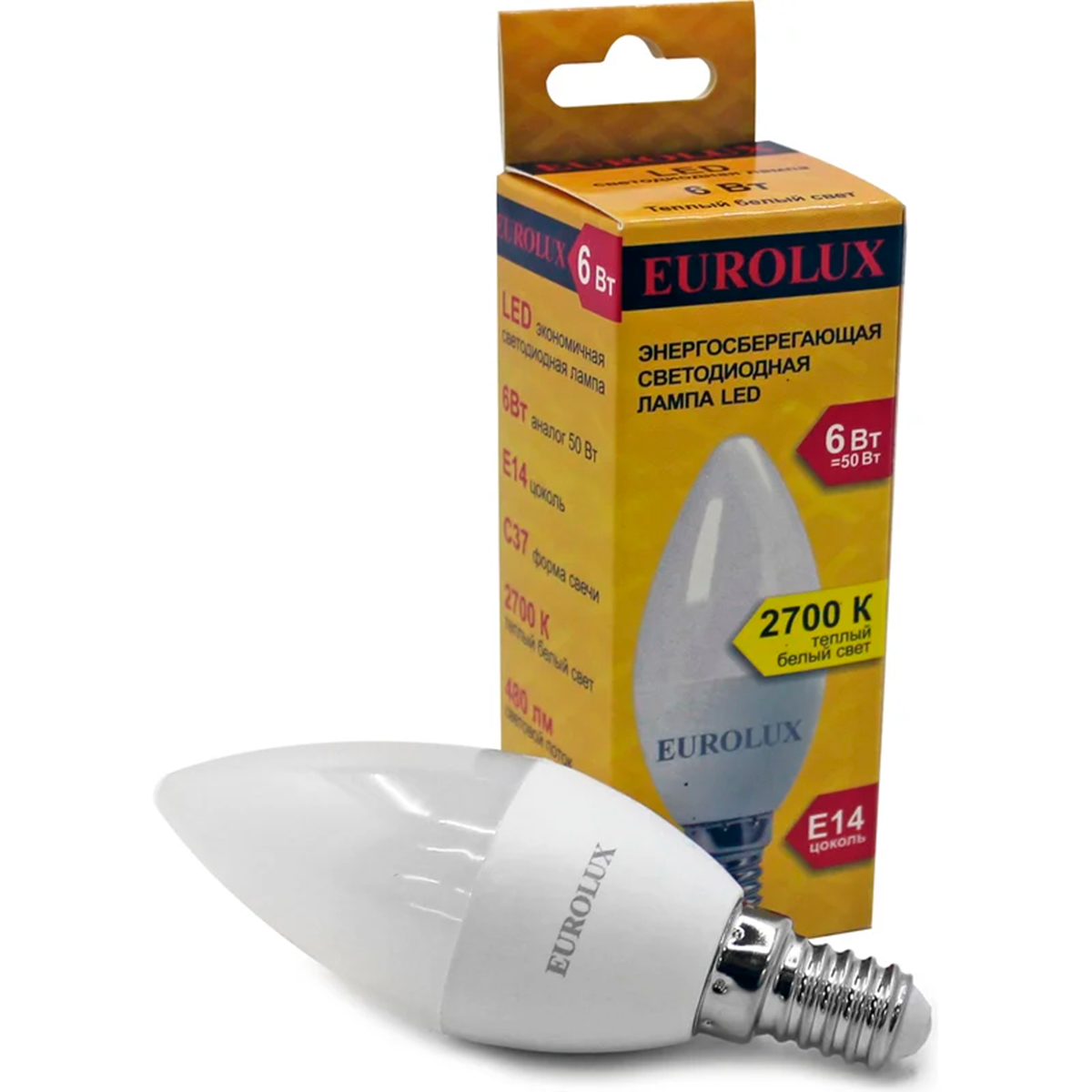 Лампа светодиодная LL-E-C37-6W-230-2,7K-E14 (свеча, 6Вт, тепл., Е14) Eurolux