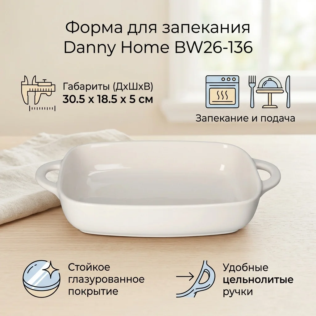 Форма для выпечки DH 30,5х18,5х5 см с ручками керамика белая BW26-136