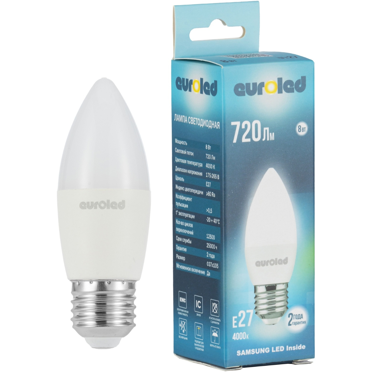 Лампа светодиодная Euroled C37 8W 4000K E27 матовая