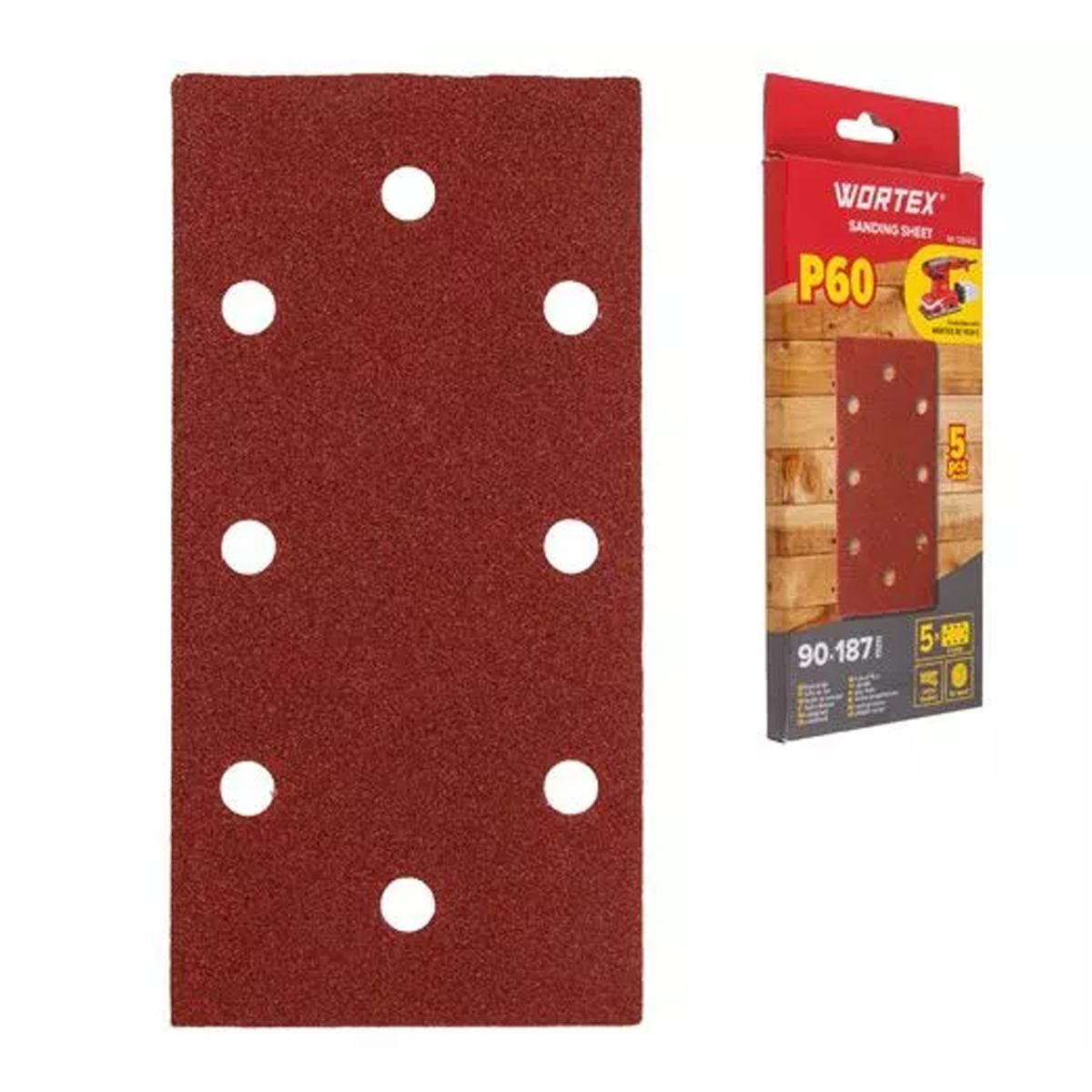 Шлифлист 90х187 мм Р60 д/дерева самосцепл. 8 отв. 5 шт. WORTEX, арт.1334432