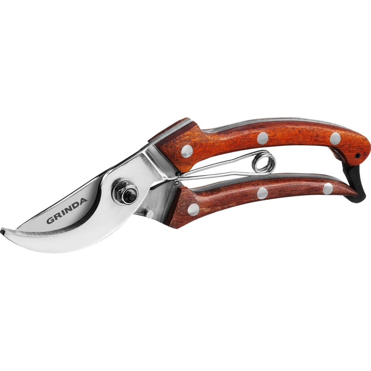 Секатор компактный, цельнокованый из нержавеющей стали, с деревянными рукоятками, плоскостной, 195 м