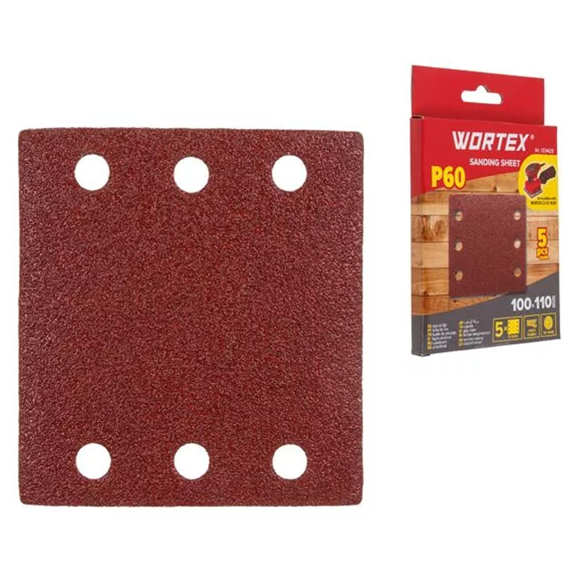 Шлифлист 100х110мм Р60 д/дерева самосцепл. 6 отв. 5 шт. WORTEX, арт.1334429