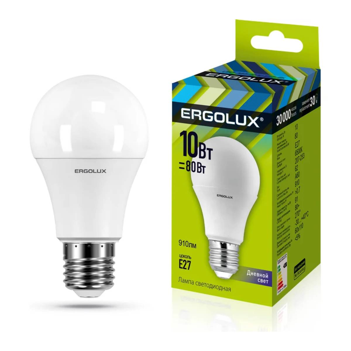 Лампа Ergolux LED-A60-10W-E27-6K (Эл.лампа светодиодная ЛОН 10Вт E27 6500K 180-240В) 12879