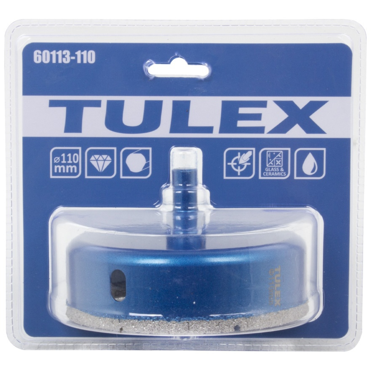 Коронка алмазная TULEX 60113-110 по стеклу и керам.плитке, центр.сверло, трехгранный хвостовик,110мм
