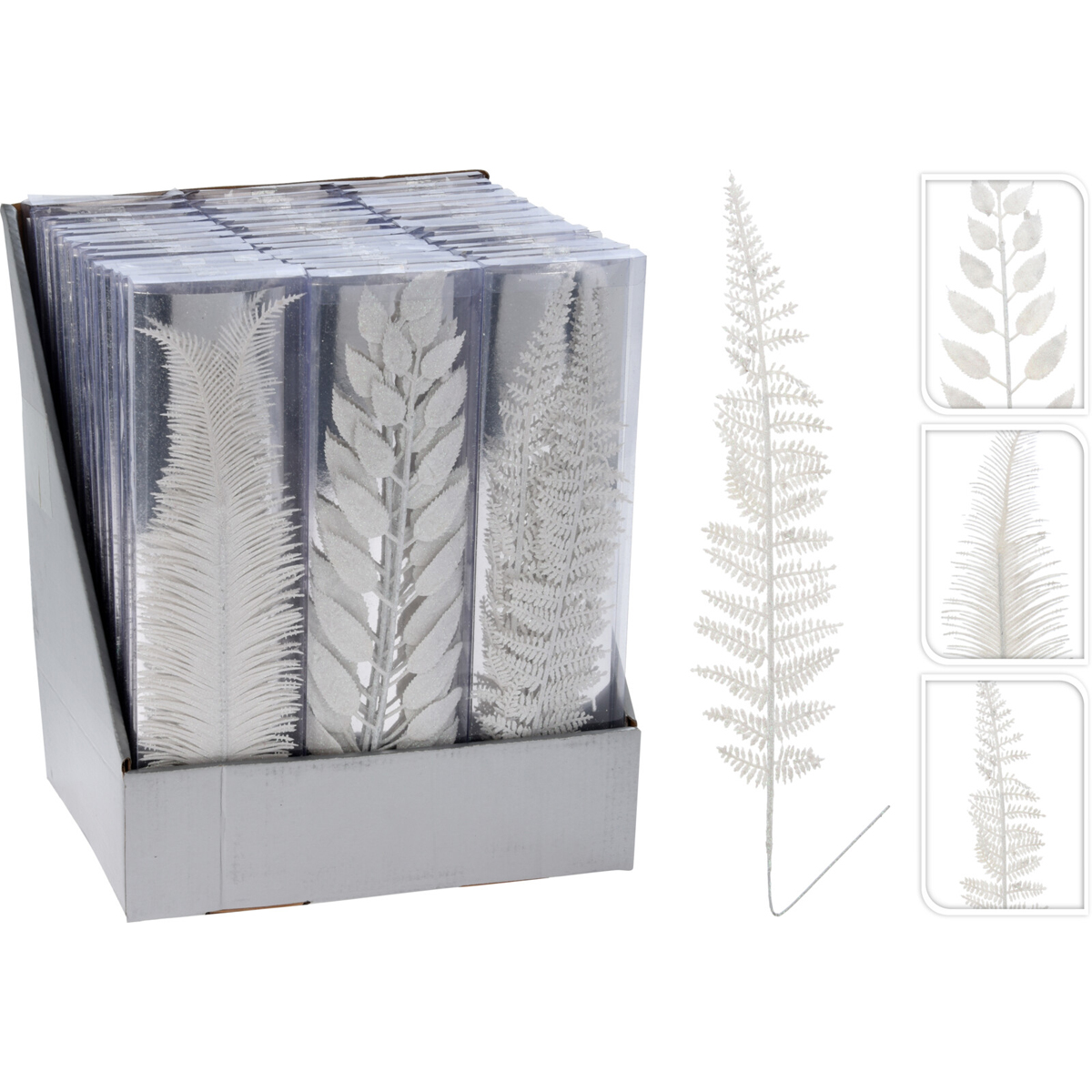 Ветка папаротника Новогодняя 3 шт. 32х2х7,5 см белый глиттер 3 вида в ассорт.AWR300050 К