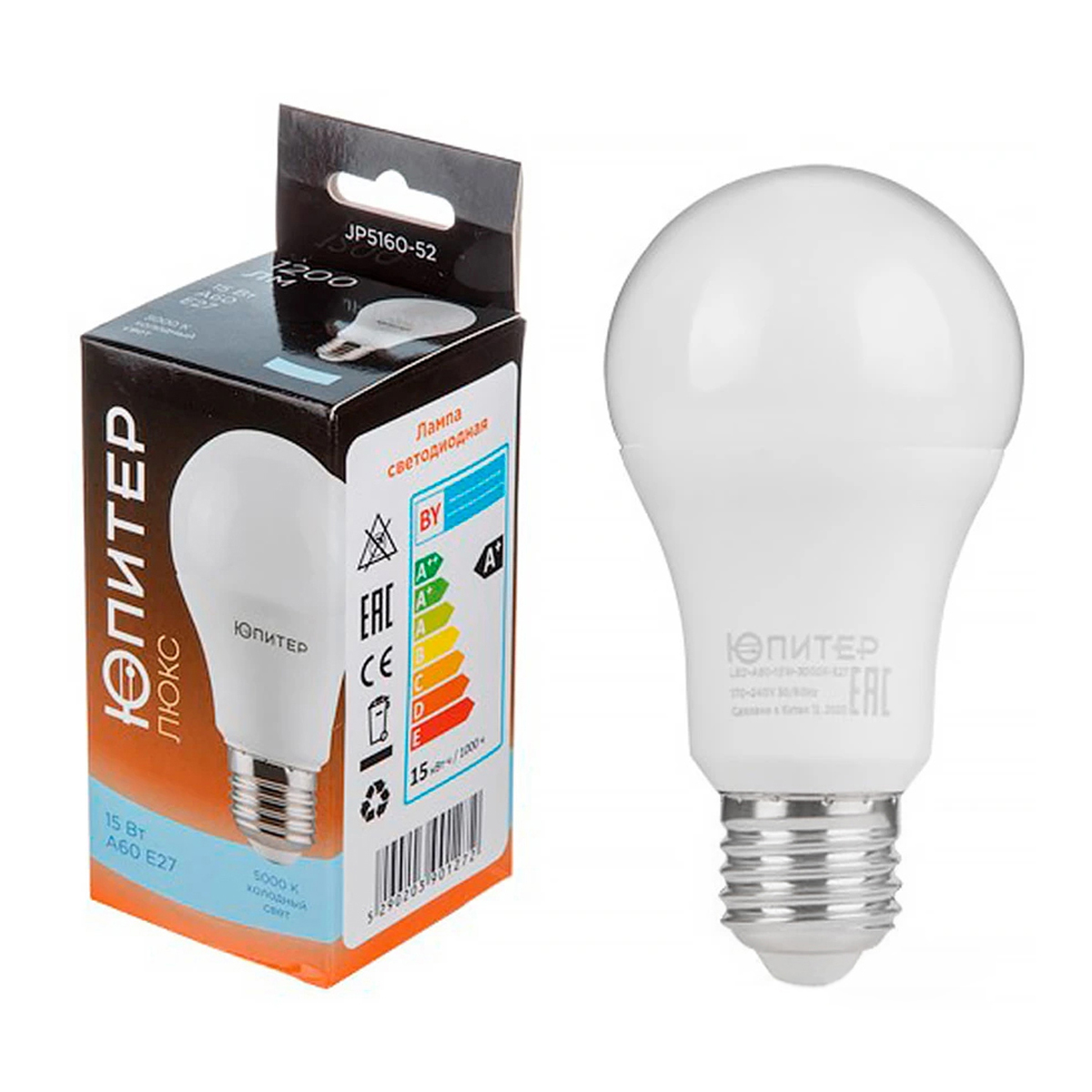 Лампа светодиодная A60 СТАНДАРТ 15 Вт 170-240В E27 5000К ЮПИТЕР ЛЮКС, арт.JP5160-52